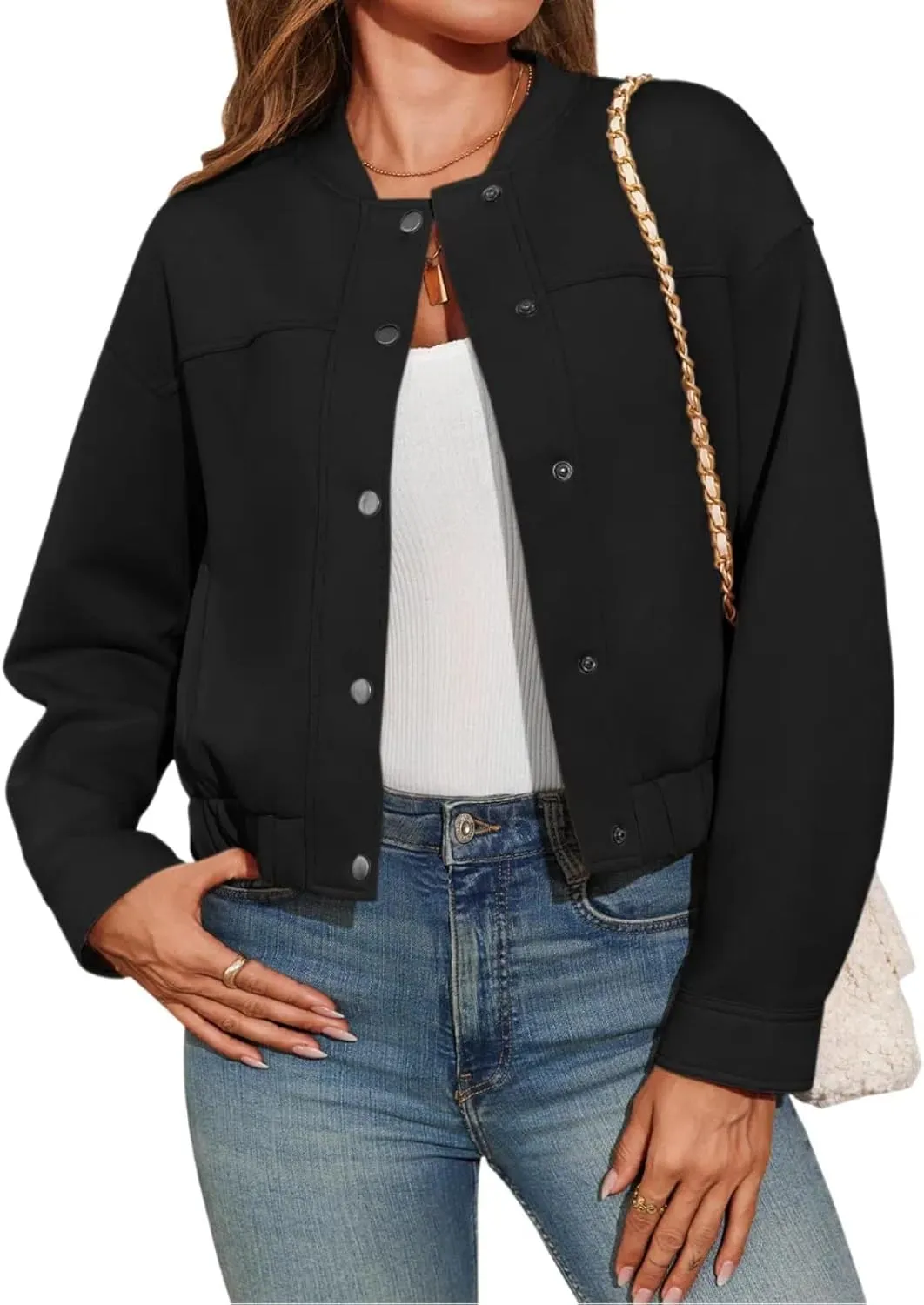 Tankaneo Womens Cropped Bomber Jackets Casual Button Down Long Sleeve Stand Collar Fall Coats