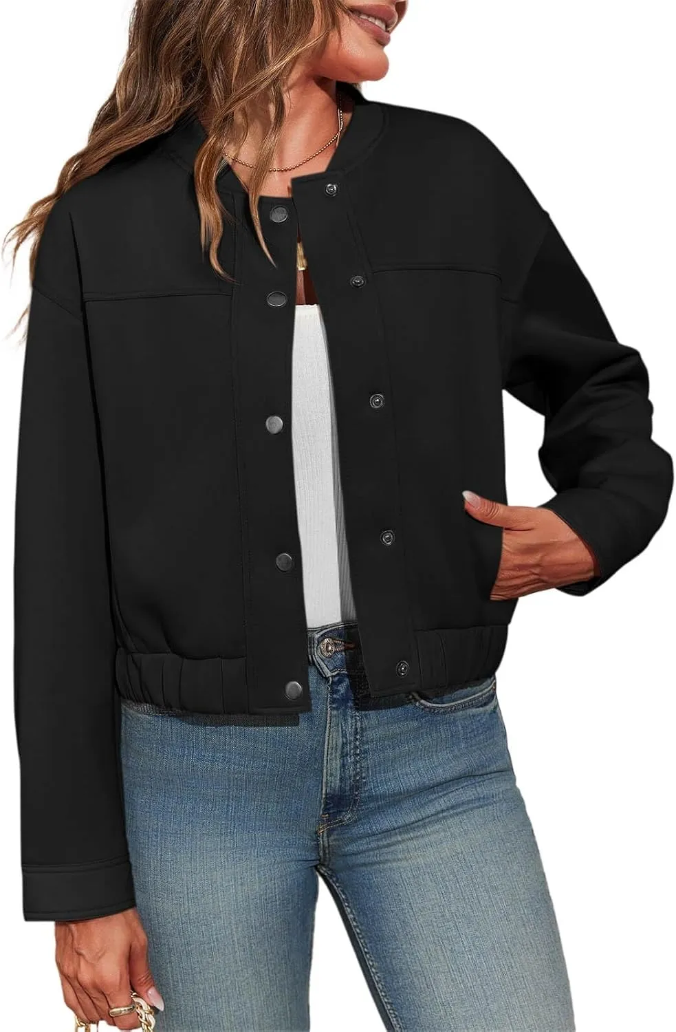 Tankaneo Womens Cropped Bomber Jackets Casual Button Down Long Sleeve Stand Collar Fall Coats