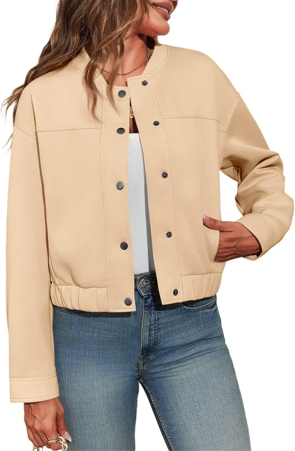 Tankaneo Womens Cropped Bomber Jackets Casual Button Down Long Sleeve Stand Collar Fall Coats