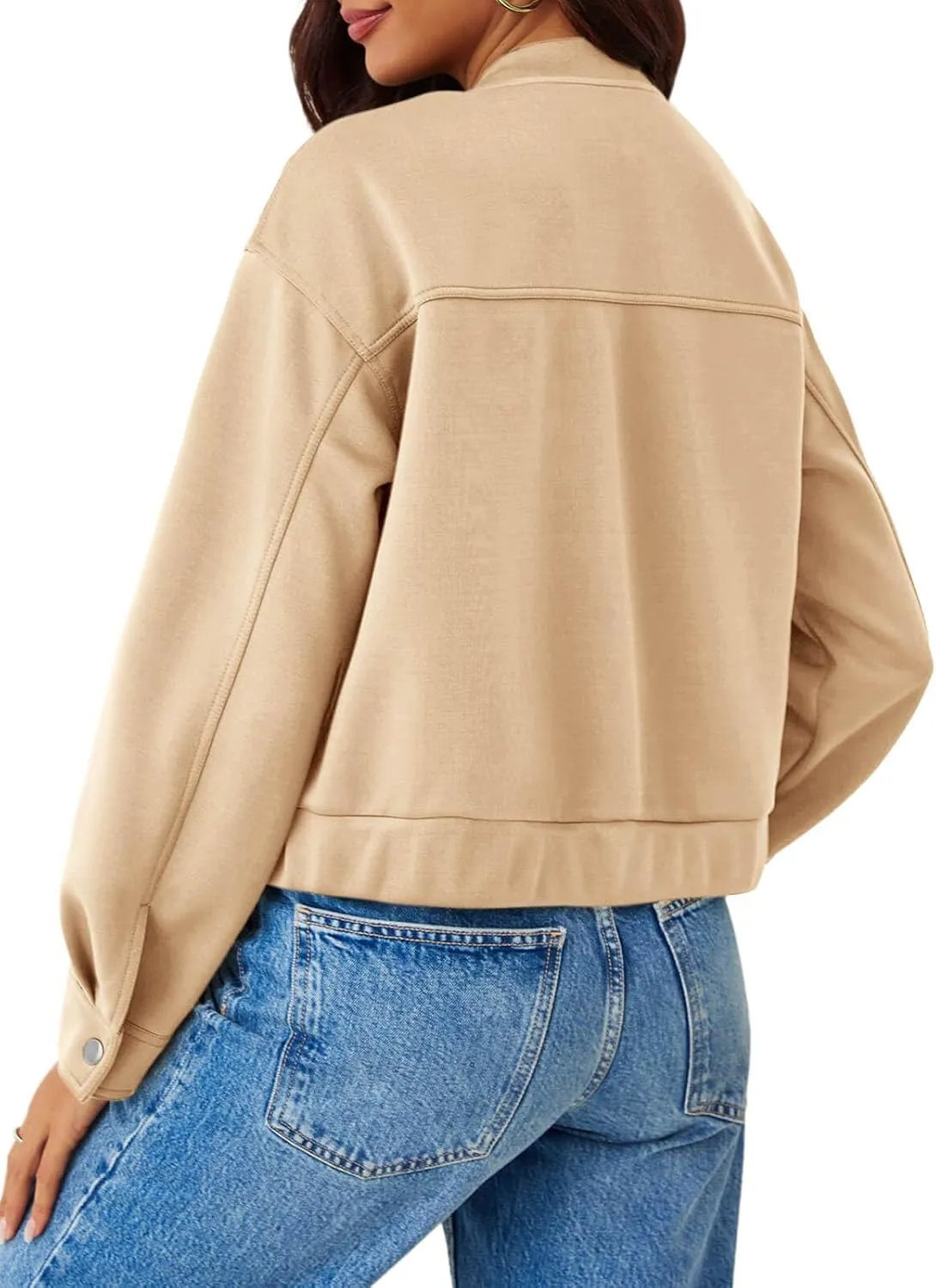 Tankaneo Womens Cropped Bomber Jackets Casual Button Down Long Sleeve Stand Collar Fall Coats