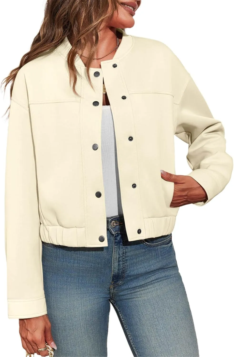 Tankaneo Womens Cropped Bomber Jackets Casual Button Down Long Sleeve Stand Collar Fall Coats