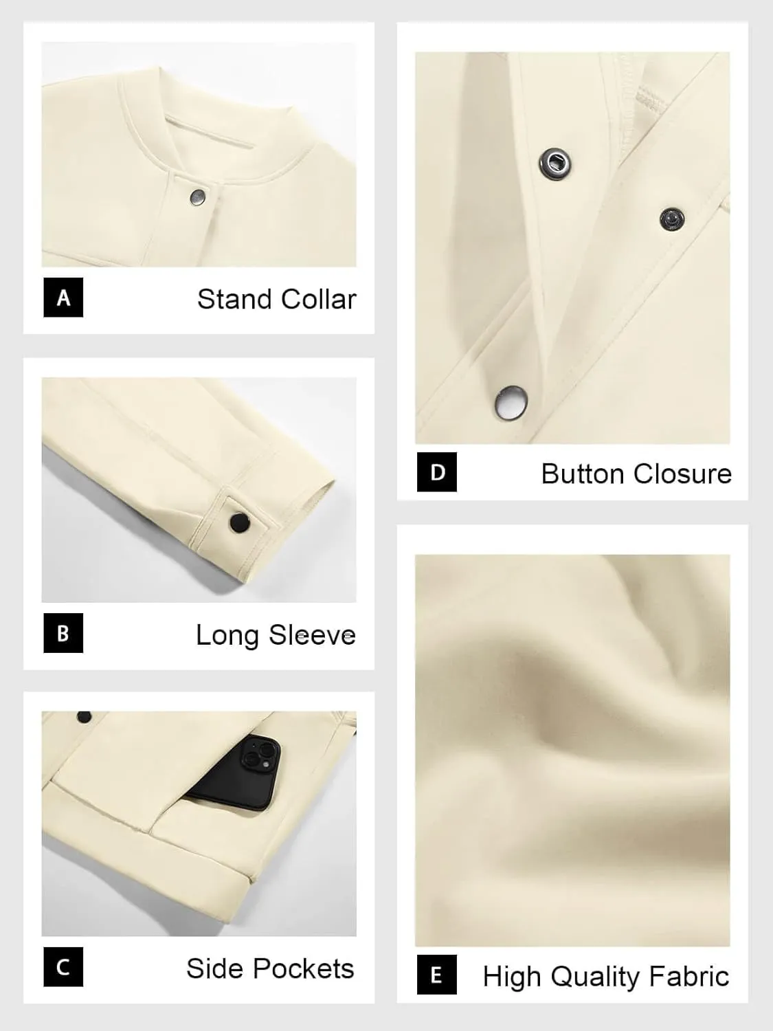 Tankaneo Womens Cropped Bomber Jackets Casual Button Down Long Sleeve Stand Collar Fall Coats