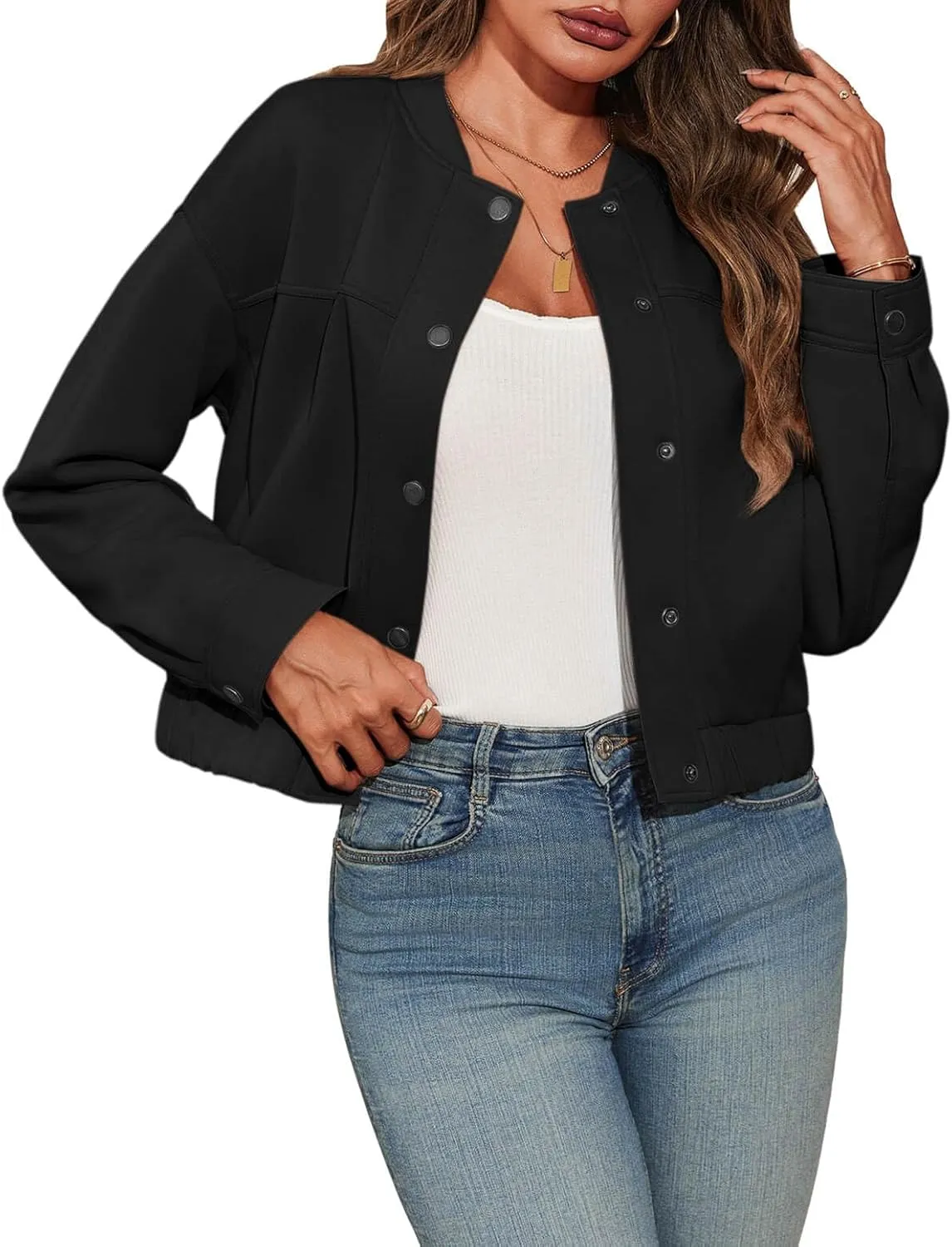 Tankaneo Womens Cropped Bomber Jackets Casual Button Down Long Sleeve Stand Collar Fall Coats
