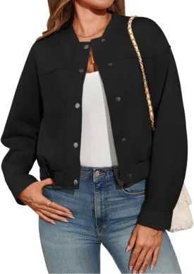 Tankaneo Womens Cropped Bomber Jackets Casual Button Down Long Sleeve Stand Collar Fall Coats
