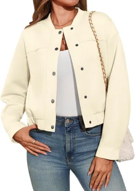 Tankaneo Womens Cropped Bomber Jackets Casual Button Down Long Sleeve Stand Collar Fall Coats