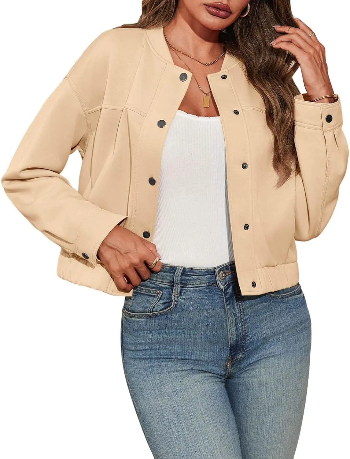 Tankaneo Womens Cropped Bomber Jackets Casual Button Down Long Sleeve Stand Collar Fall Coats