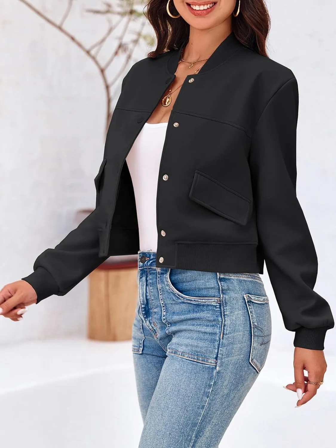 Tankaneo Womens Cropped Bomber Jackets Casual Button Down Long Sleeve Stand Collar Varsity Shacket Coats