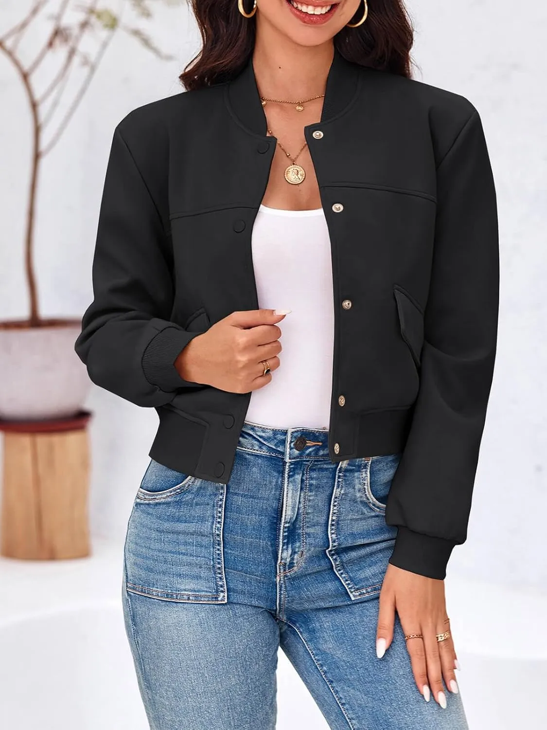 Tankaneo Womens Cropped Bomber Jackets Casual Button Down Long Sleeve Stand Collar Varsity Shacket Coats