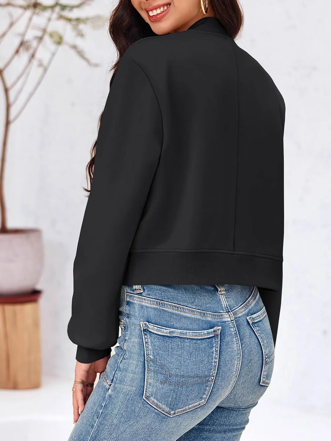 Tankaneo Womens Cropped Bomber Jackets Casual Button Down Long Sleeve Stand Collar Varsity Shacket Coats