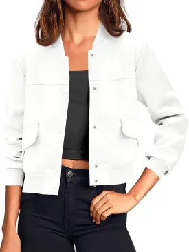 Tankaneo Womens Cropped Bomber Jackets Casual Button Down Long Sleeve Stand Collar Varsity Shacket Coats