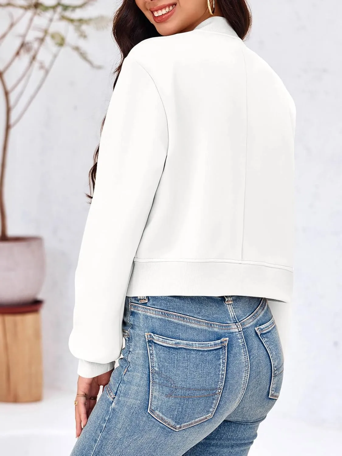 Tankaneo Womens Cropped Bomber Jackets Casual Button Down Long Sleeve Stand Collar Varsity Shacket Coats