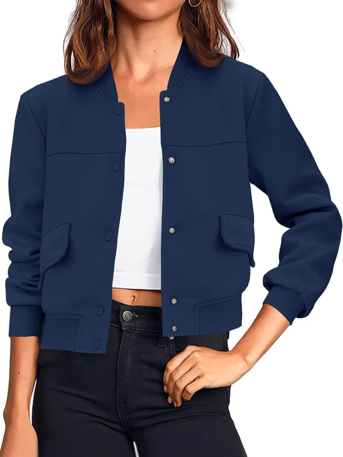Tankaneo Womens Cropped Bomber Jackets Casual Button Down Long Sleeve Stand Collar Varsity Shacket Coats