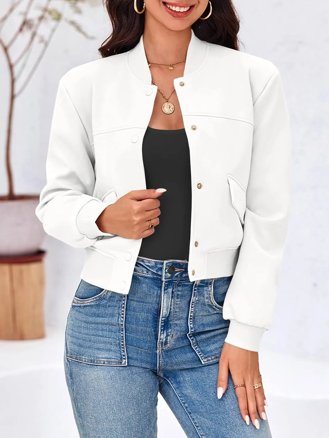 Tankaneo Womens Cropped Bomber Jackets Casual Button Down Long Sleeve Stand Collar Varsity Shacket Coats