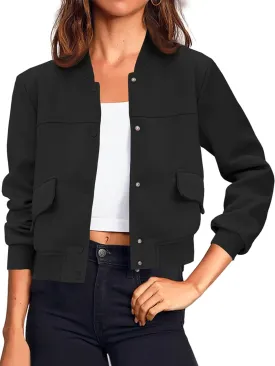 Tankaneo Womens Cropped Bomber Jackets Casual Button Down Long Sleeve Stand Collar Varsity Shacket Coats