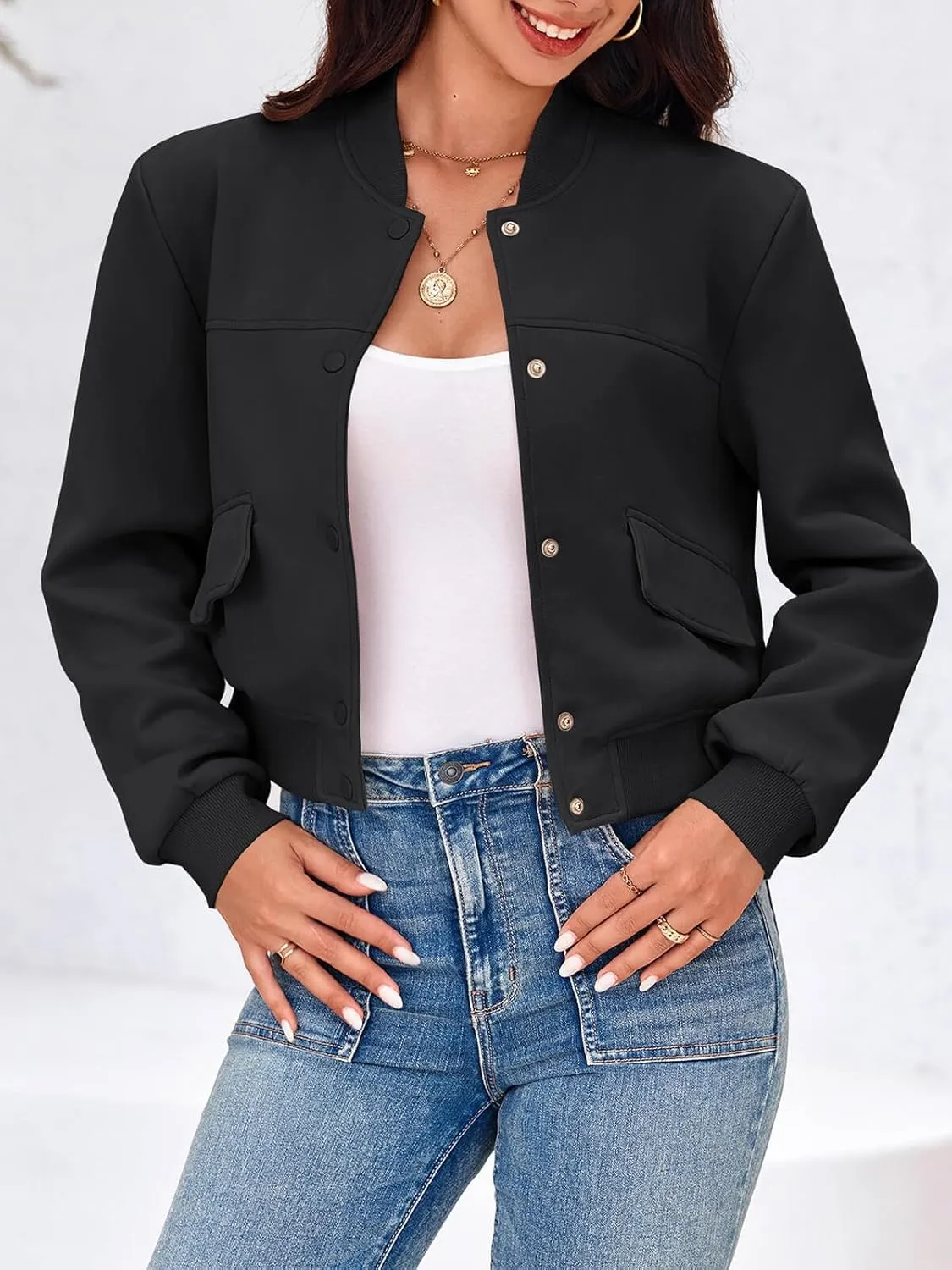 Tankaneo Womens Cropped Bomber Jackets Casual Button Down Long Sleeve Stand Collar Varsity Shacket Coats