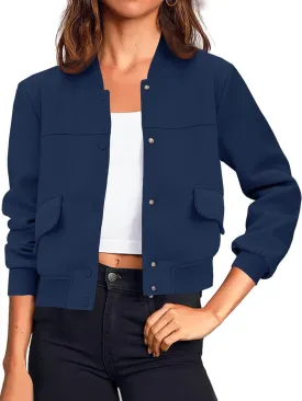 Tankaneo Womens Cropped Bomber Jackets Casual Button Down Long Sleeve Stand Collar Varsity Shacket Coats