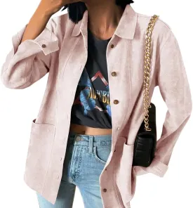 Tankaneo Womens Faux Suede Jackets Button Down Long Sleeve Shackets Coat Trendy 2025 Spring Clothes