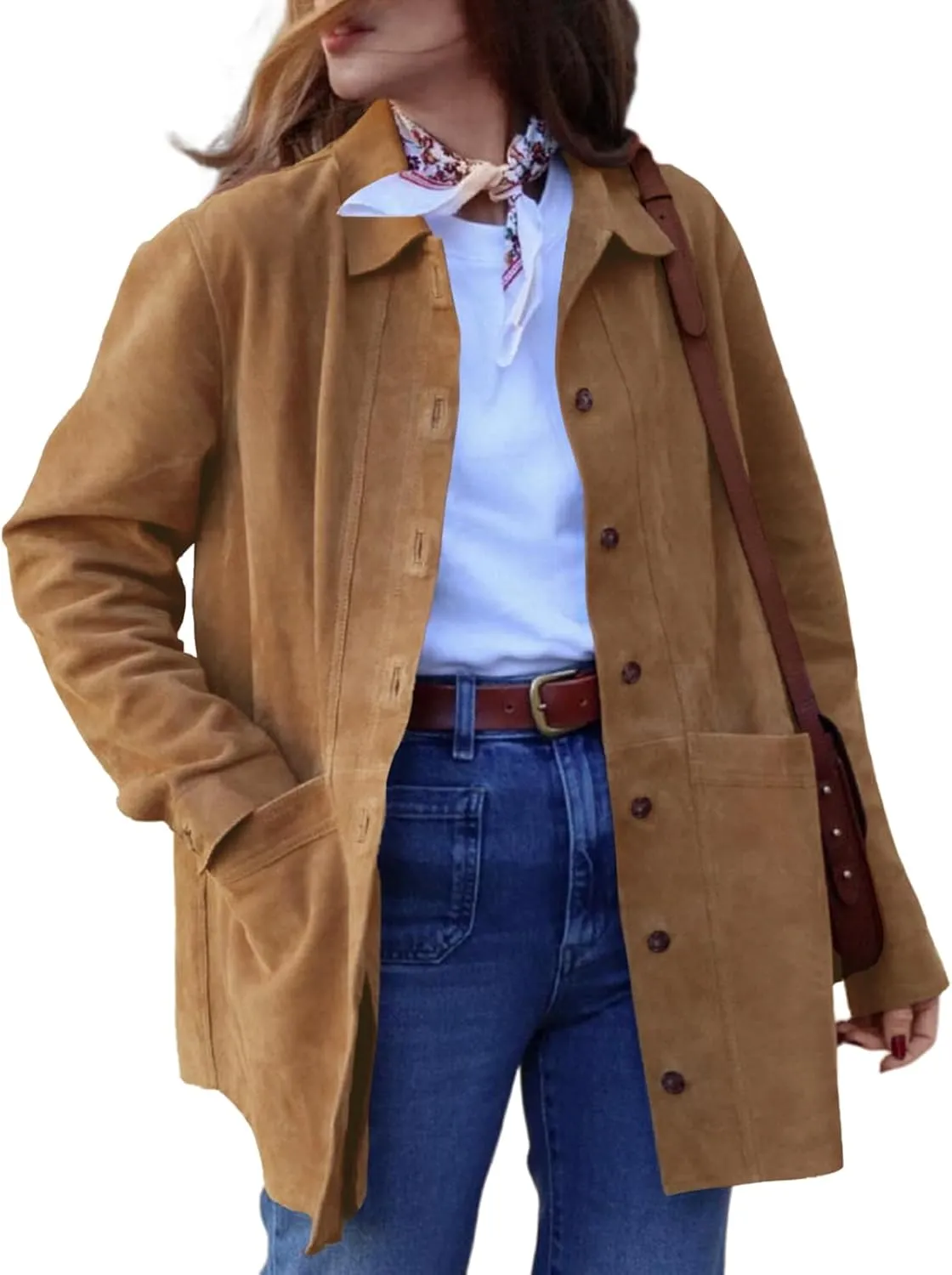 Tankaneo Womens Faux Suede Jackets Button Down Long Sleeve Shackets Coat Trendy 2025 Spring Clothes