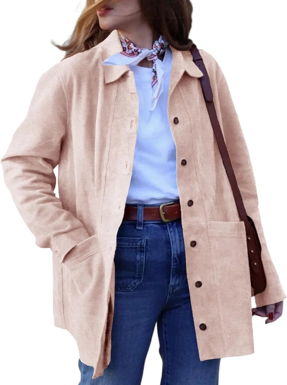 Tankaneo Womens Faux Suede Jackets Button Down Long Sleeve Shackets Coat Trendy 2025 Spring Clothes