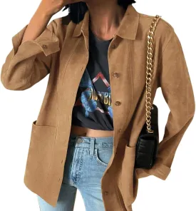 Tankaneo Womens Faux Suede Jackets Button Down Long Sleeve Shackets Coat Trendy 2025 Spring Clothes