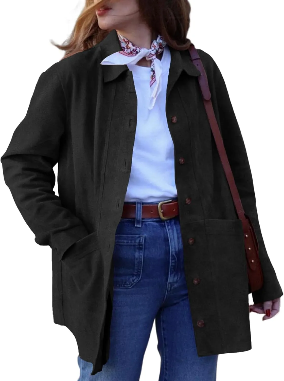 Tankaneo Womens Faux Suede Jackets Button Down Long Sleeve Shackets Coat Trendy 2025 Spring Clothes