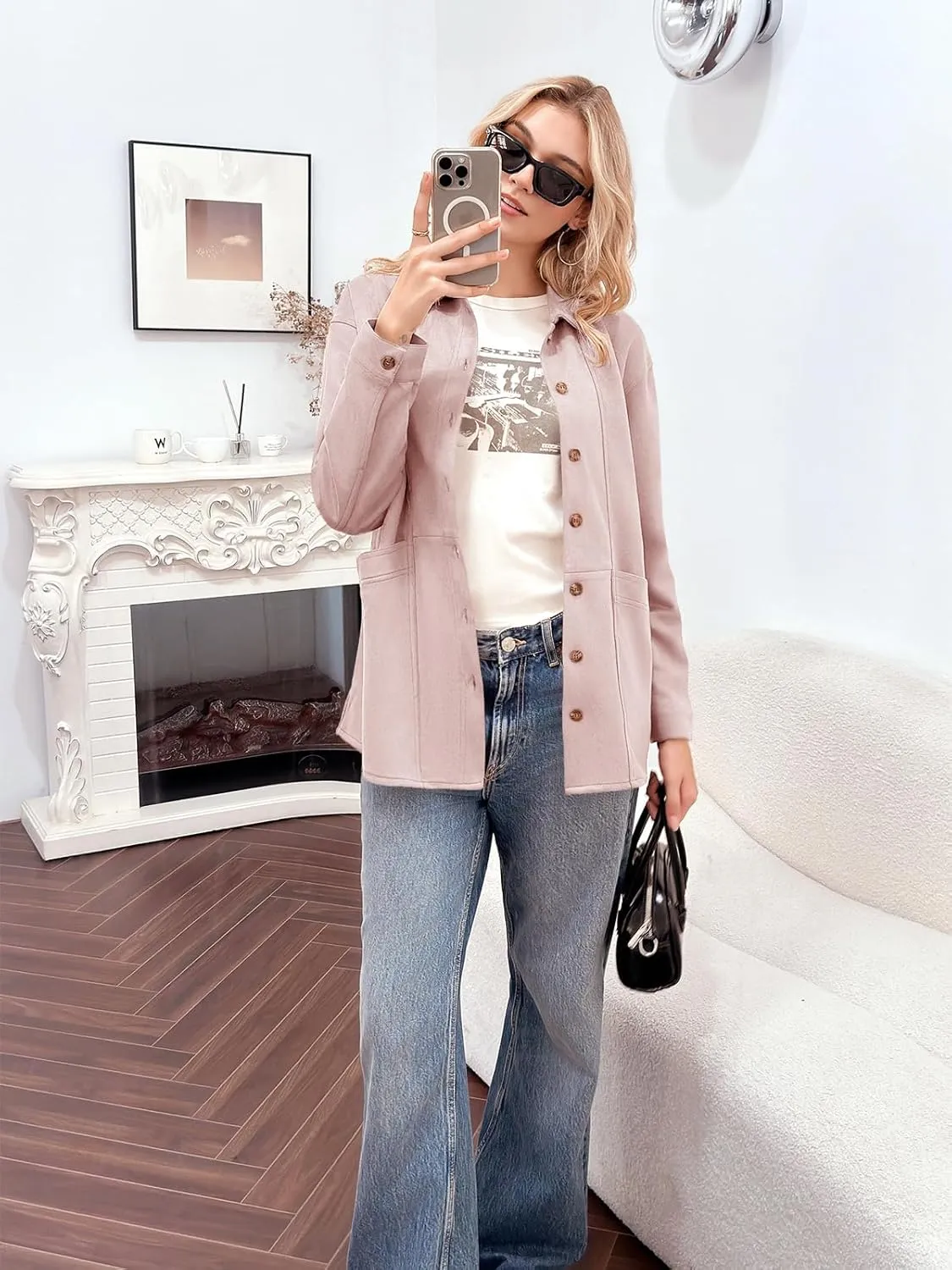 Tankaneo Womens Faux Suede Jackets Button Down Long Sleeve Shackets Coat Trendy 2025 Spring Clothes