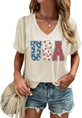 USA Flag V-Neck Shirt Women Star and Stripes Graphic Tops Red White and Blue Short Sleeve Tee Summer Patriotic T-Shirt