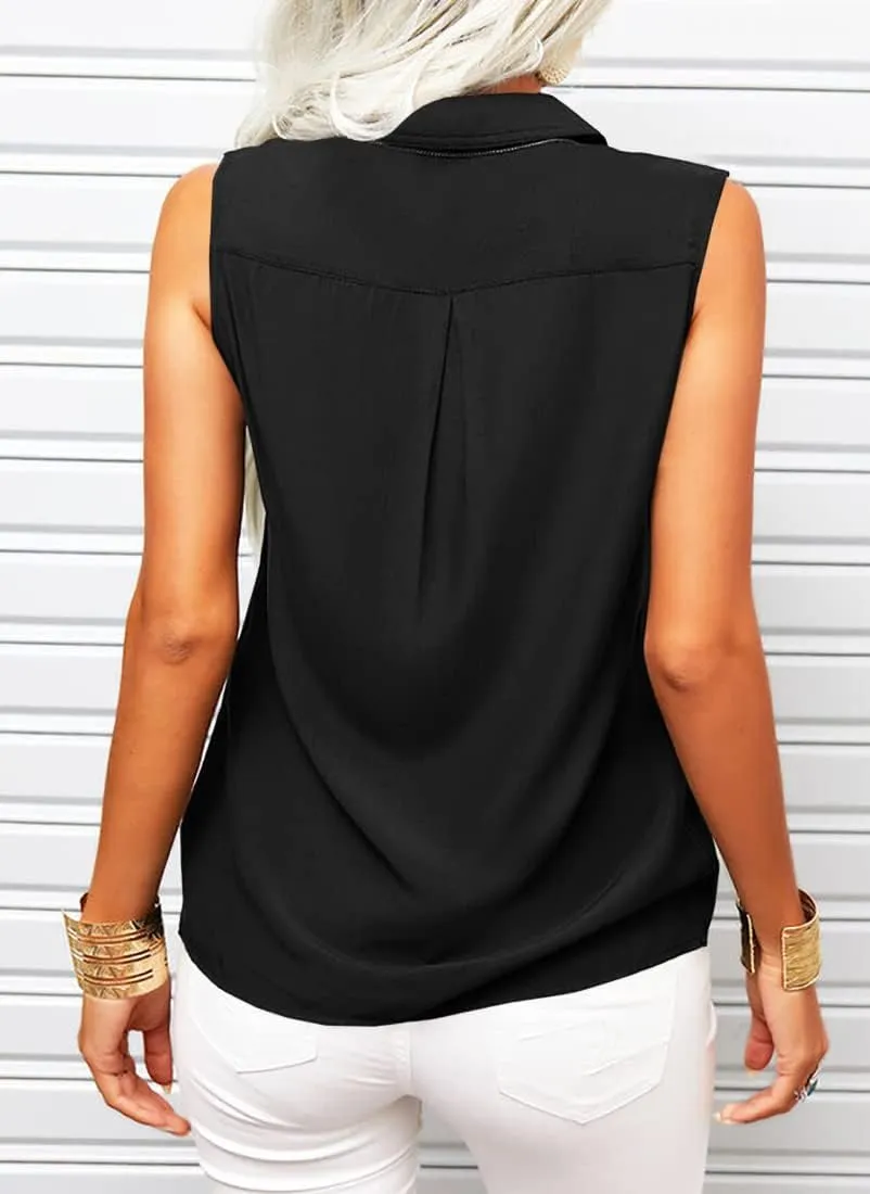 Veatzaer Women's Solid Lapel Sleeveless Tank Tops Summer Button Down Shirts Office Ladies Shirts