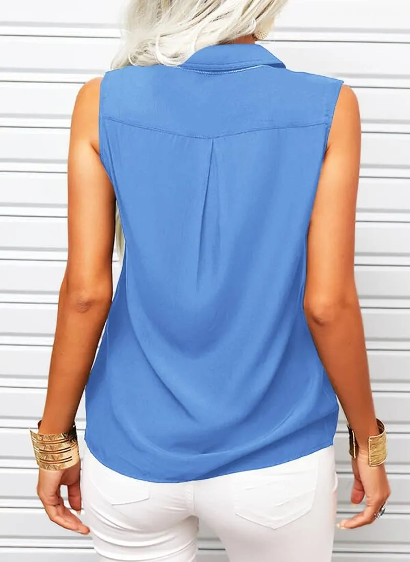 Veatzaer Women's Solid Lapel Sleeveless Tank Tops Summer Button Down Shirts Office Ladies Shirts