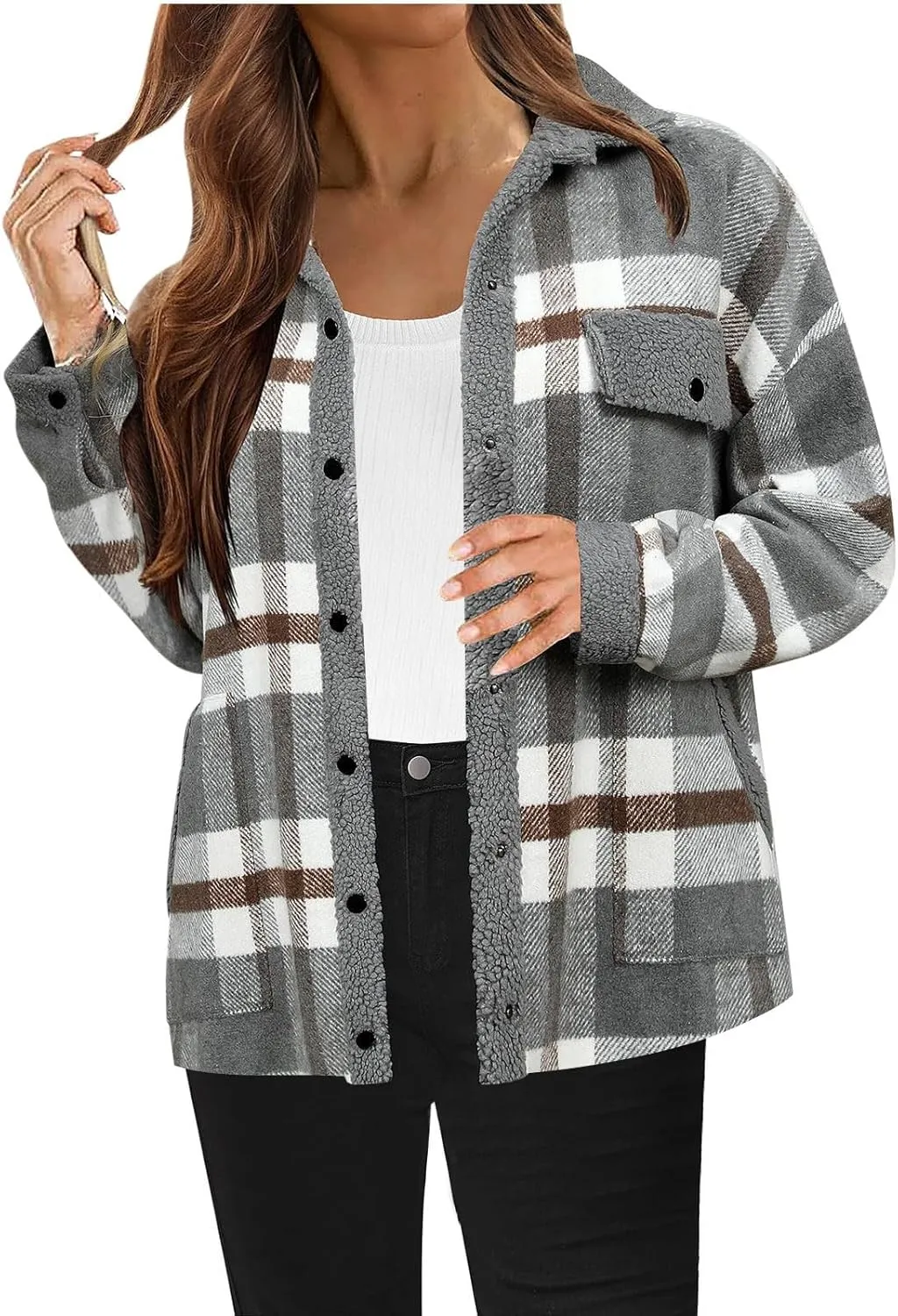 Women 2024 Hooded Flannel Jacket Warm Sherpa Shacket Fleece Lined Button Down Plaid Coat Trendy Fall Winter Outfits