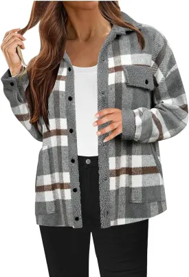 Women 2024 Hooded Flannel Jacket Warm Sherpa Shacket Fleece Lined Button Down Plaid Coat Trendy Fall Winter Outfits