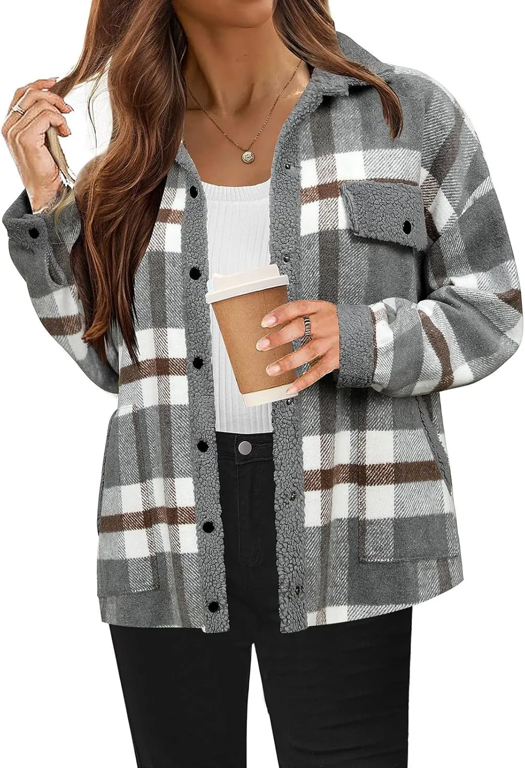 Women 2024 Hooded Flannel Jacket Warm Sherpa Shacket Fleece Lined Button Down Plaid Coat Trendy Fall Winter Outfits