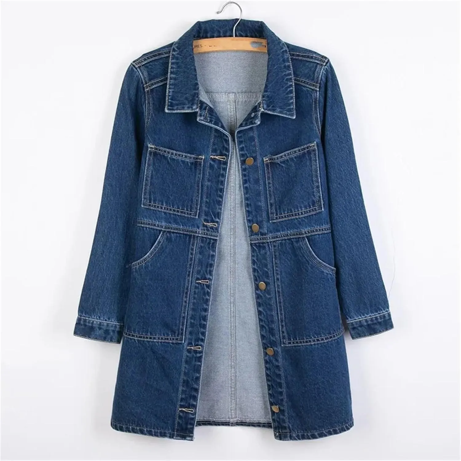 Women Denim Jackets Spring Long Sleeve Classic Coat With Pockets Fashion Mid Length Jean Coat