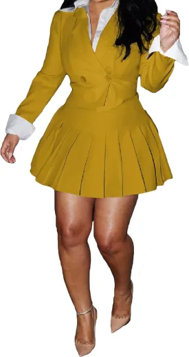Womens 2 Piece Outfits Business Casual Cropped Blazer Jacket and High Waist Pleated Mini Skirt Sets