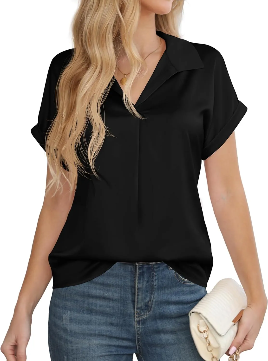 Women's Business Casual Tops Summer Elegant Satin Silk Short Sleeve Shirts V Neck Chiffon Work Business Blouses