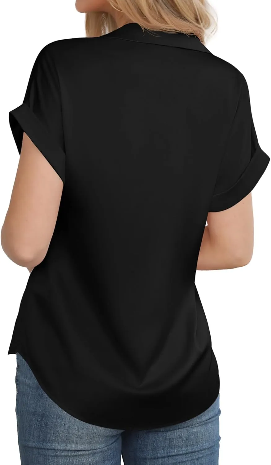 Women's Business Casual Tops Summer Elegant Satin Silk Short Sleeve Shirts V Neck Chiffon Work Business Blouses