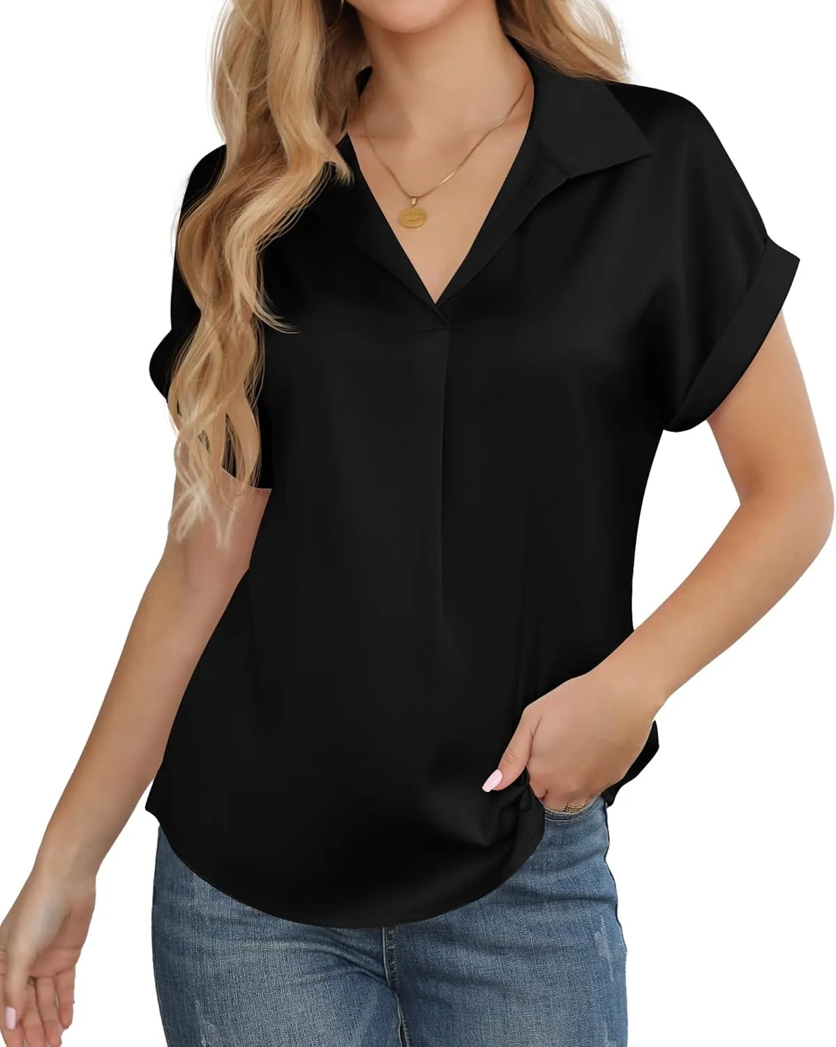 Women's Business Casual Tops Summer Elegant Satin Silk Short Sleeve Shirts V Neck Chiffon Work Business Blouses