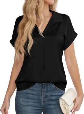 Women's Business Casual Tops Summer Elegant Satin Silk Short Sleeve Shirts V Neck Chiffon Work Business Blouses