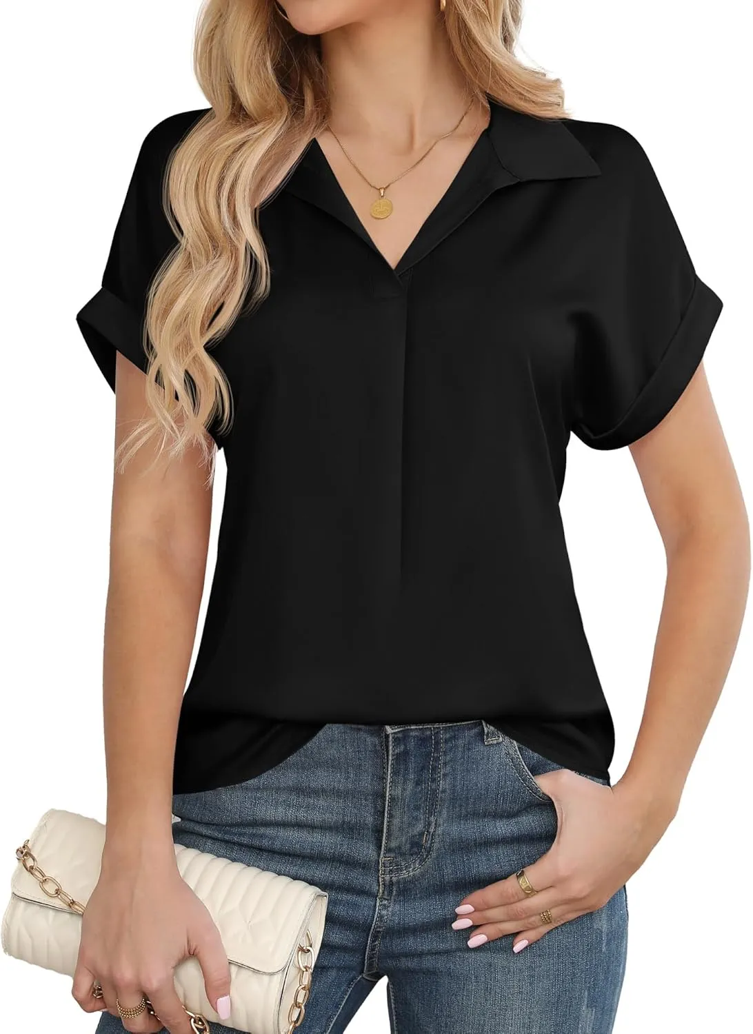 Women's Business Casual Tops Summer Elegant Satin Silk Short Sleeve Shirts V Neck Chiffon Work Business Blouses