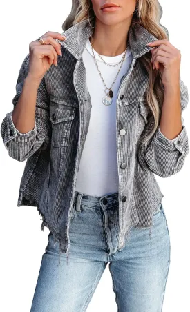 Womens Cropped Corduroy Jacket Casual Button Down Shacket Coat Fringe with Frayed Hem