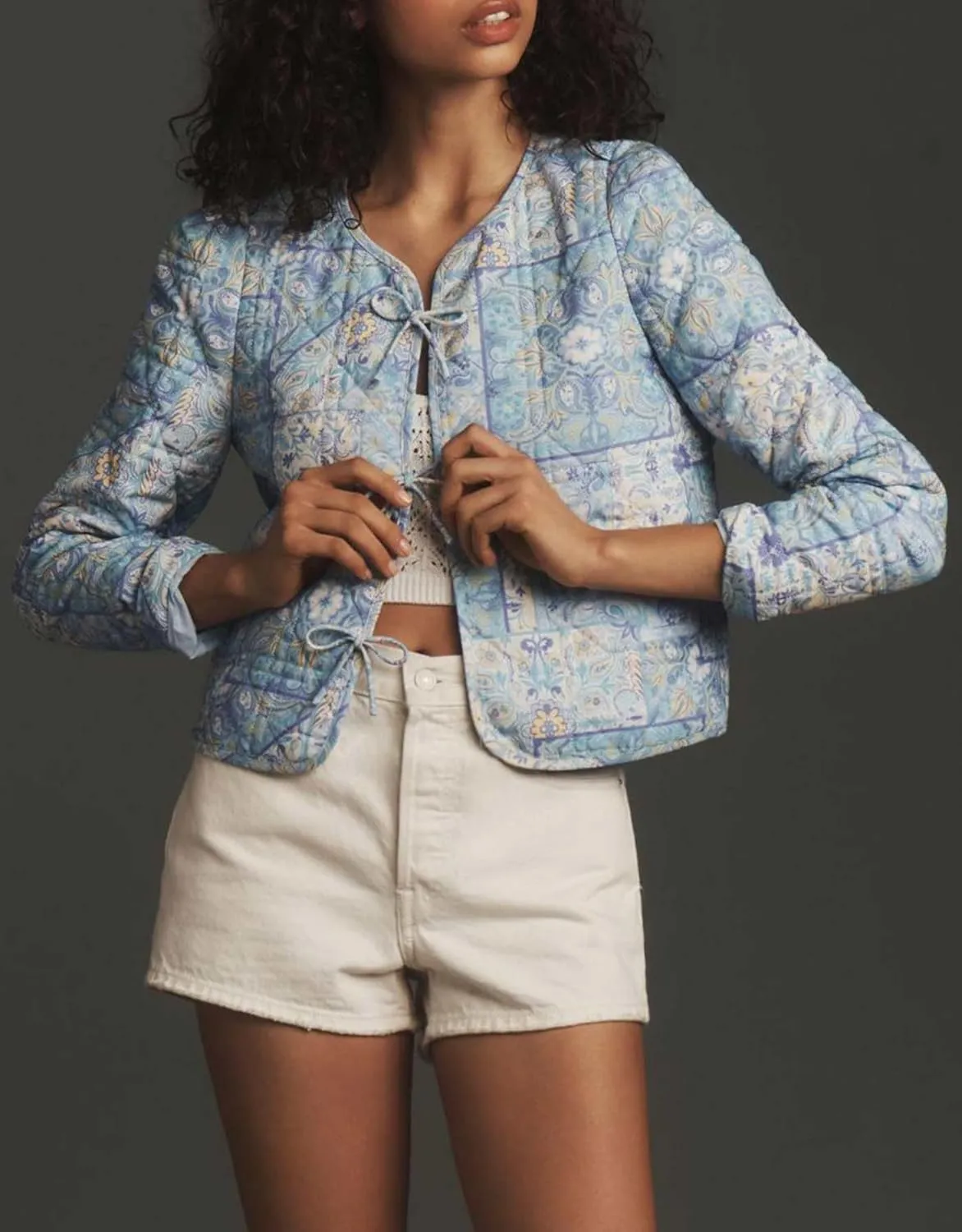 Women's Cropped Quilted Lightweight Jackets Floral Puffer Padded Jackets Casual Button Down Winter Coat Outwear