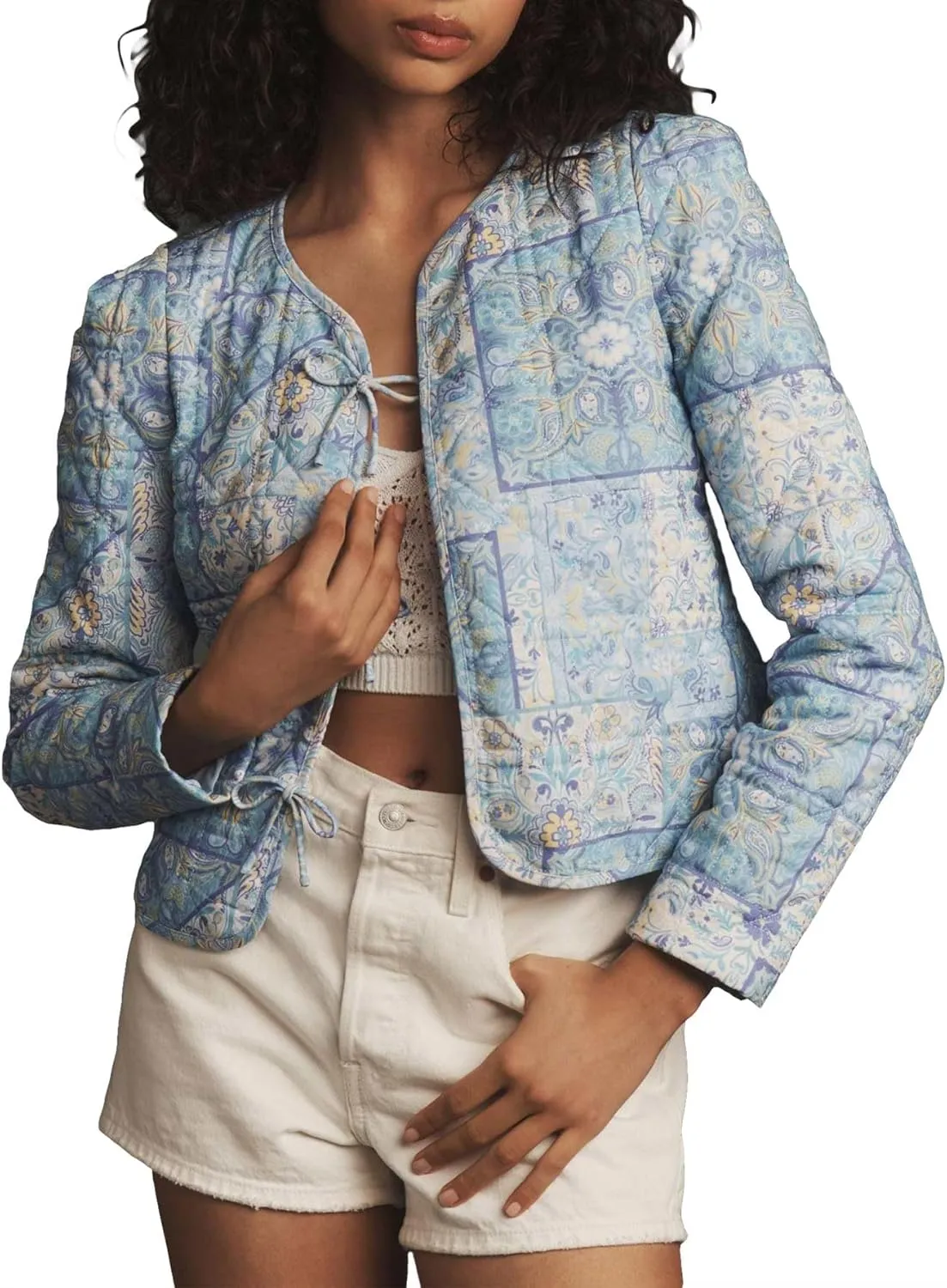 Women's Cropped Quilted Lightweight Jackets Floral Puffer Padded Jackets Casual Button Down Winter Coat Outwear