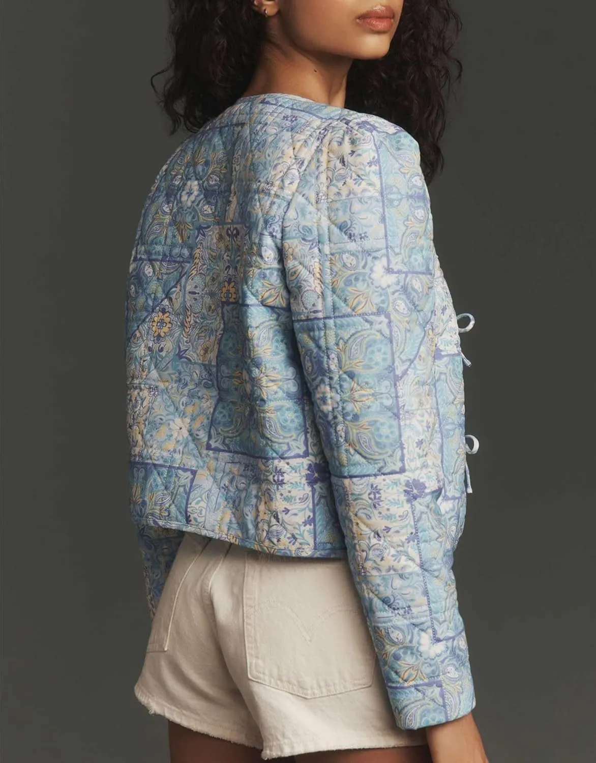 Women's Cropped Quilted Lightweight Jackets Floral Puffer Padded Jackets Casual Button Down Winter Coat Outwear