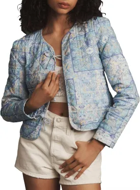 Women's Cropped Quilted Lightweight Jackets Floral Puffer Padded Jackets Casual Button Down Winter Coat Outwear