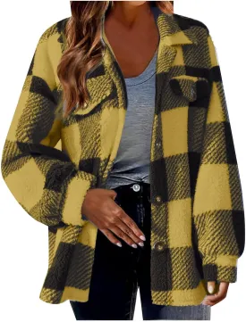 Womens Fleece Plaid Shackets Lapel Button Down Jackets Casual Long Sleeve Flannel Shirts Trendy Clothes Fall Winter