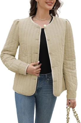 Women's Quilted Puffer Jackets Long Sleeve Button Down Outfits Cropped Lightweight Winter Coats
