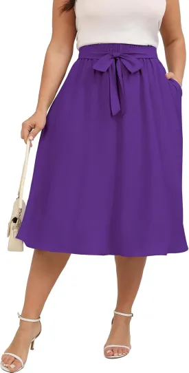 Xpenyo Womens Plus Size Midi Skirts Summer Elastic High Waisted Boho Casual Beach Flowy Swing Knee Length Skirts with Pockets