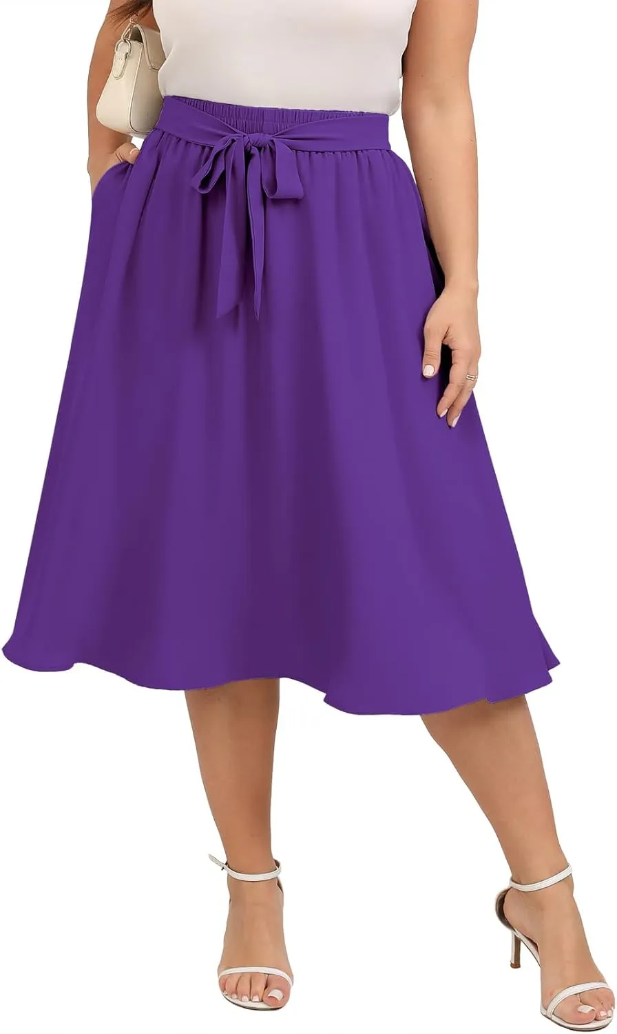 Xpenyo Womens Plus Size Midi Skirts Summer Elastic High Waisted Boho Casual Beach Flowy Swing Knee Length Skirts with Pockets