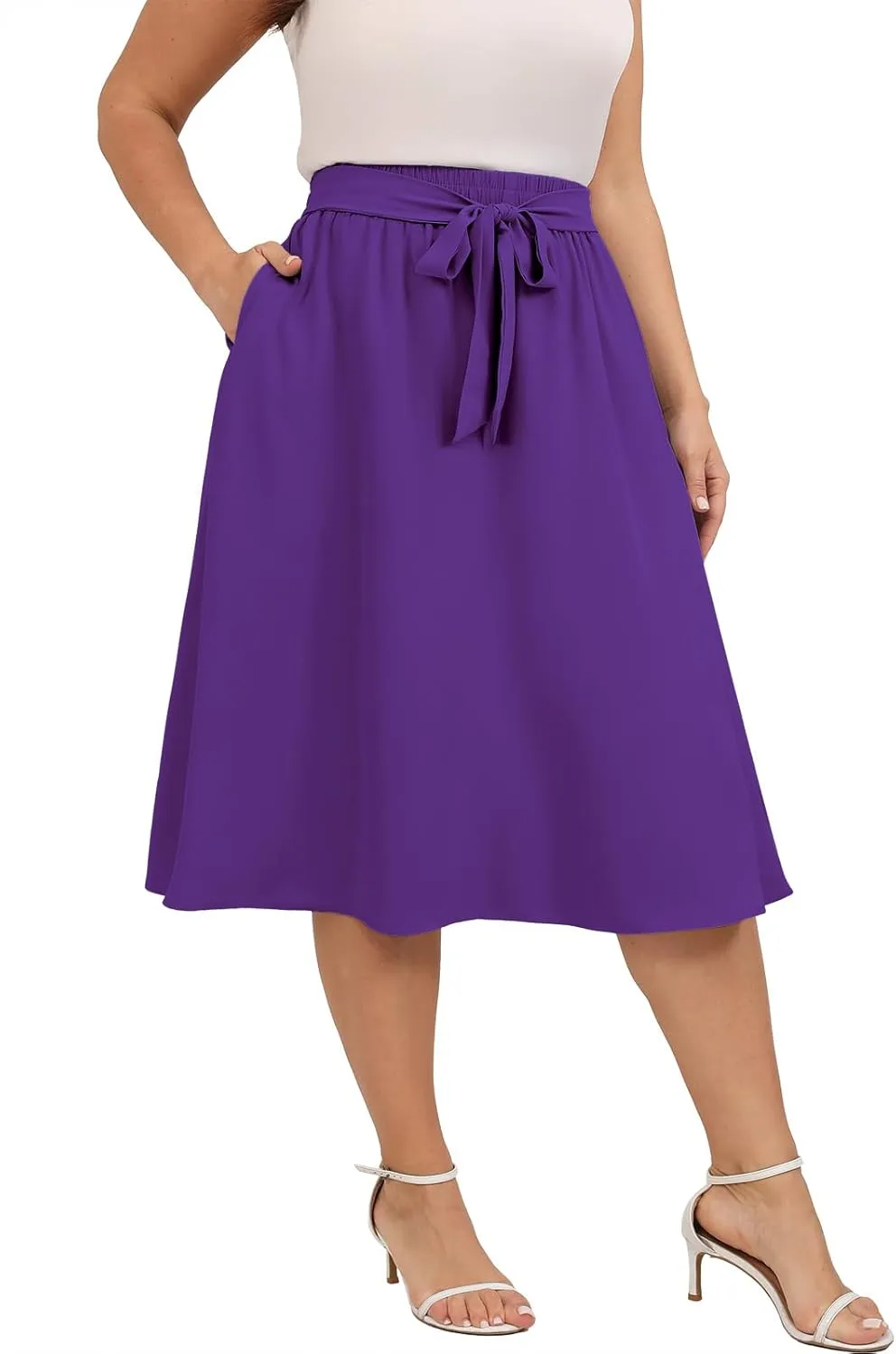 Xpenyo Womens Plus Size Midi Skirts Summer Elastic High Waisted Boho Casual Beach Flowy Swing Knee Length Skirts with Pockets