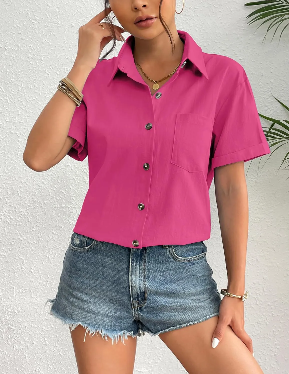 Zeagoo Womens Button Down Linen Shirt Short Sleeve Cotton Blouse Summer Casual Loose Fit Beach Tops S-2XL